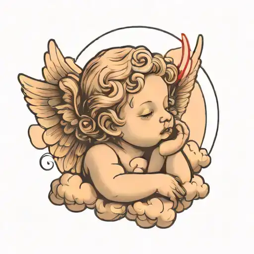 Minimalistic Thin Line Tattoo Of A Cherub Angel Resting On A Cloud With One Arm Propped Up On Face
