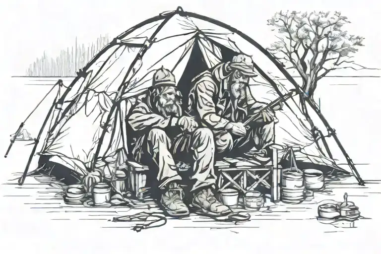 Homeless Man Sitting Outside A Tent Fishing Scene
