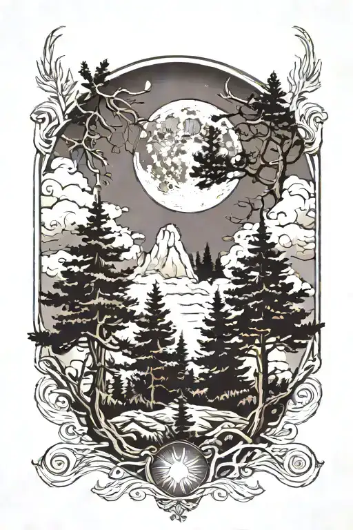 3 Pine Trees Under The Shadow Of The Full Moon Surrounded