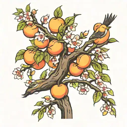 Peach Tree With Birds Perched
