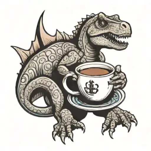 Dinosaur Surfing Holding Mug Of Coffee