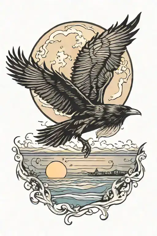 Raven Flying Over Beach Full Moon
