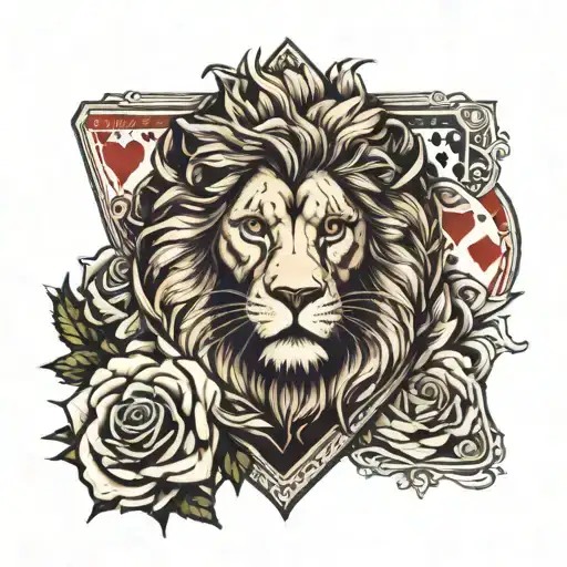 Lion Roses And Deck Of Cards Forming The Shape