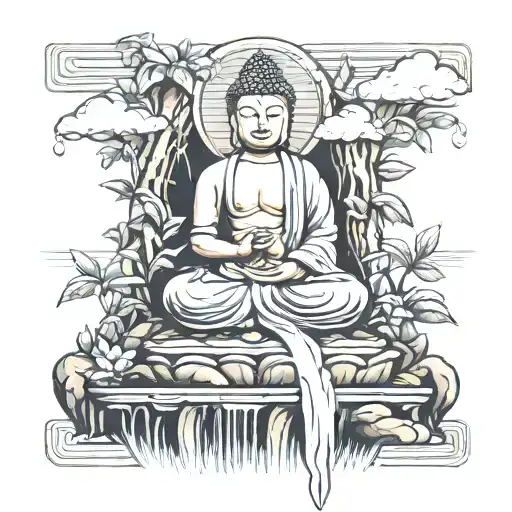 Buddha Meditating On A Waterfall Dying Surrounded By Plantation