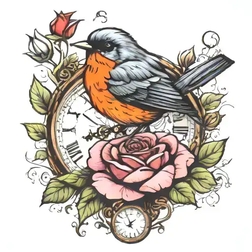 Rose Clocks Robin Perched