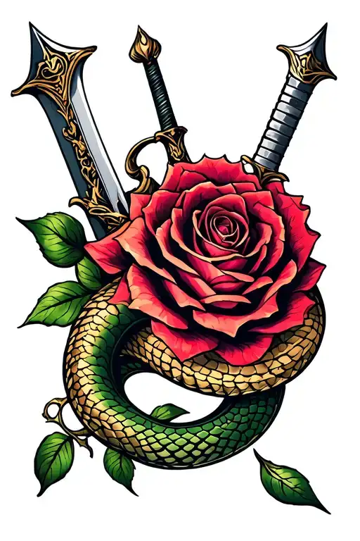 Spine Tattoo Of Snake Rose Sword Intertwined