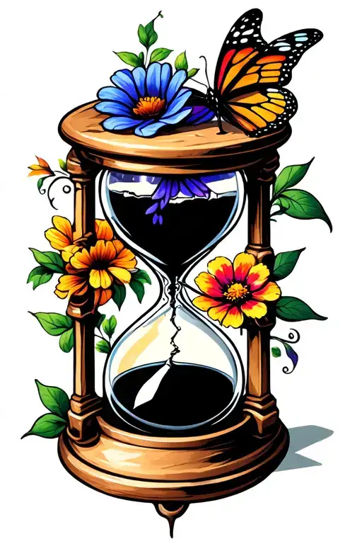 Broken Hourglass With Flowers And Butterfly