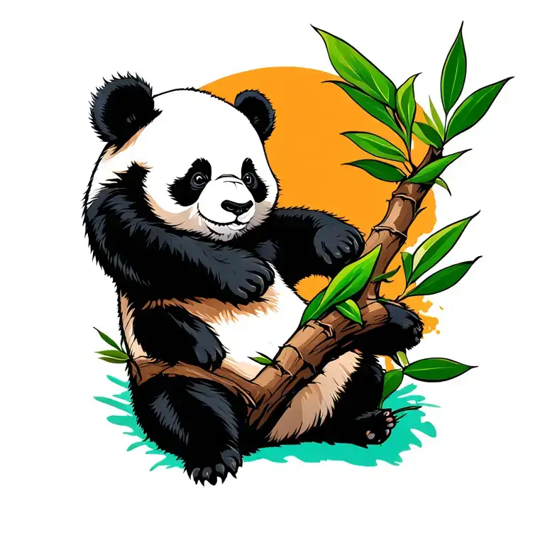 Panda On Bambook Branch With Colour Background