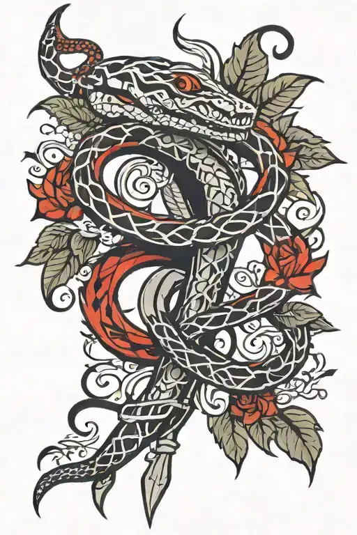 Back Tattoo Incorporating A Red And Black Intertwining Snake Around A Dagger