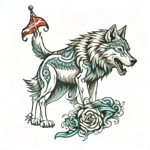 Wolf Howling And Turkis Flag Intertwined