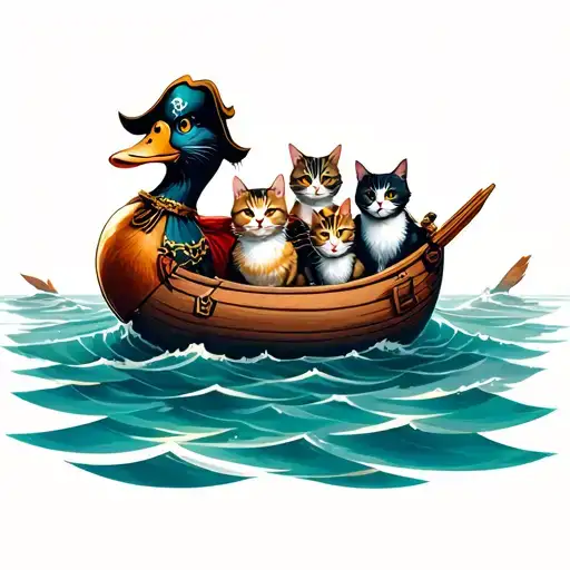 A Duck Shaped Raft Floating In An Ocean With Five Cats Inside Dressed Like Pirates