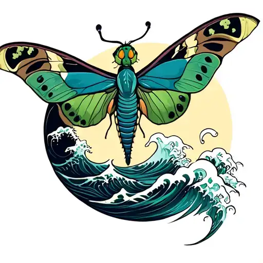 Luna Moth Below Crescent Moon And Waves