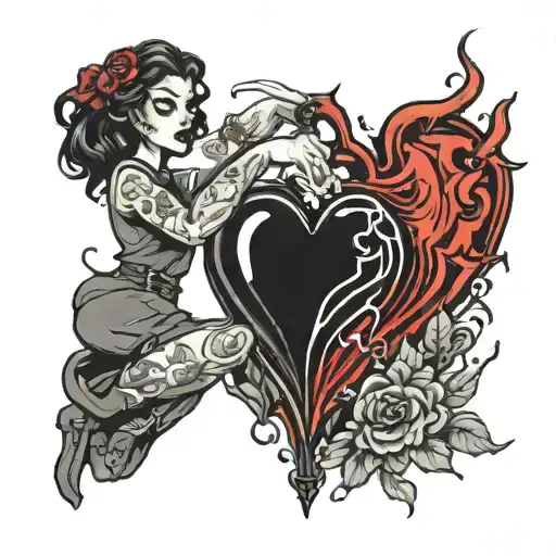 Women Pouring Black Poison In A Half Red Heart
