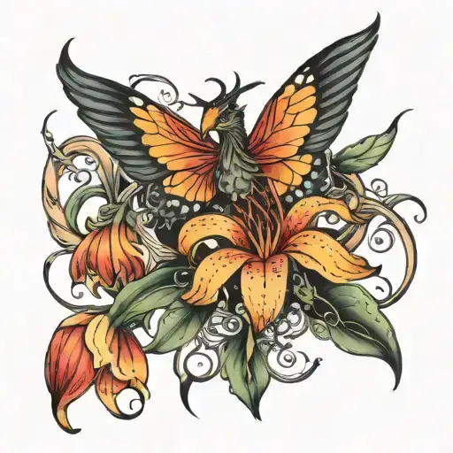 Pheonix Coiled Around A Tiger Lily Blooming