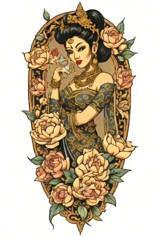 Cambodian Apsara With Peonies And Roses