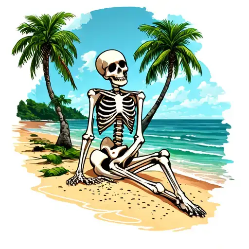 Skeleton On Beach Scene With Palm Trees