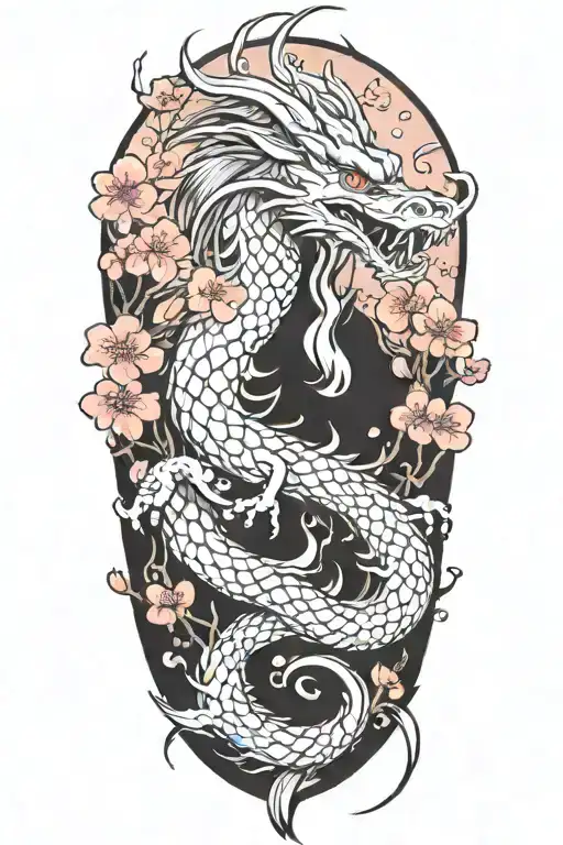 Brush Dragon With Cherry Blossoms Falling