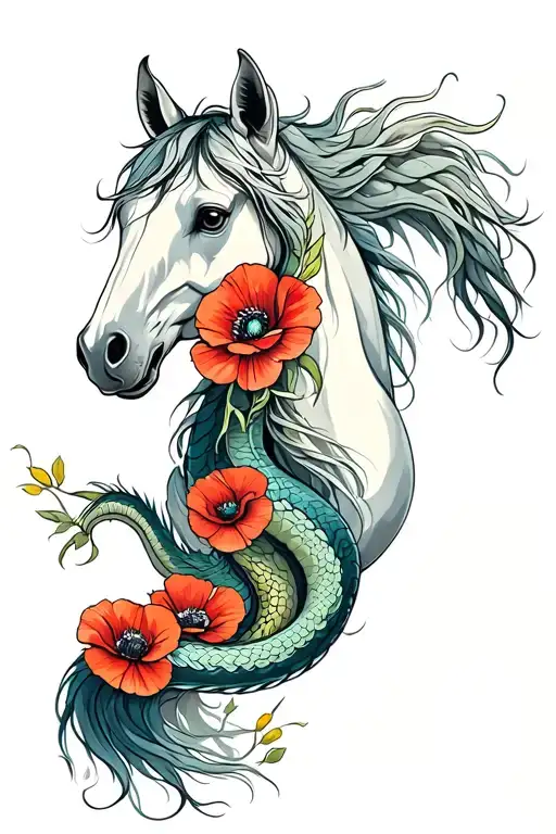 Kelpie Horse With Poppy Flowers Blending Down Into A Serpent Dragon Full Arm Sleeve