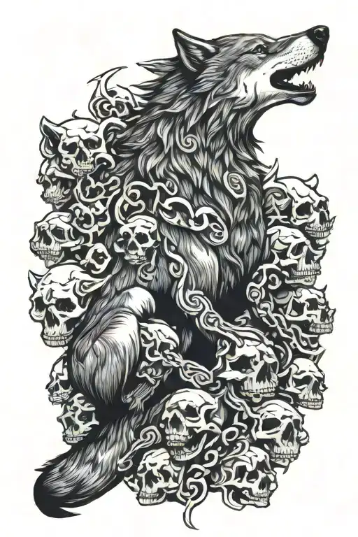Wolf Sitting On A Mountain Of Skulls