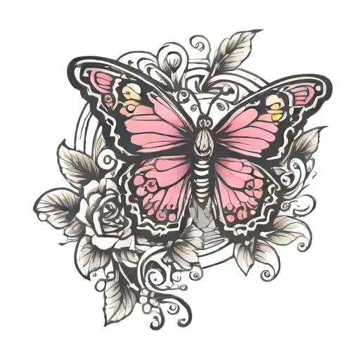 Butterfly Breast Cancer Ribbon As Body Amd Bass Fish As Wings