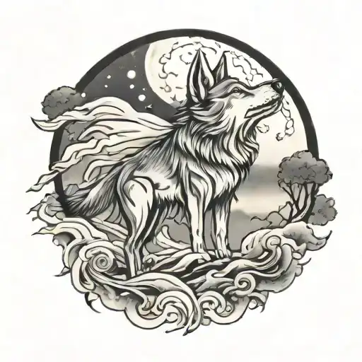 Tattoo Of A Wolf Howling At The Full Moon In A Misty And Foggy Weather