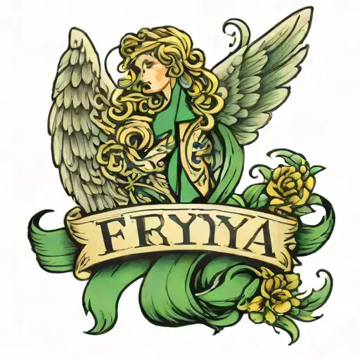 Name Freya With Angel Wings Green Ribbon