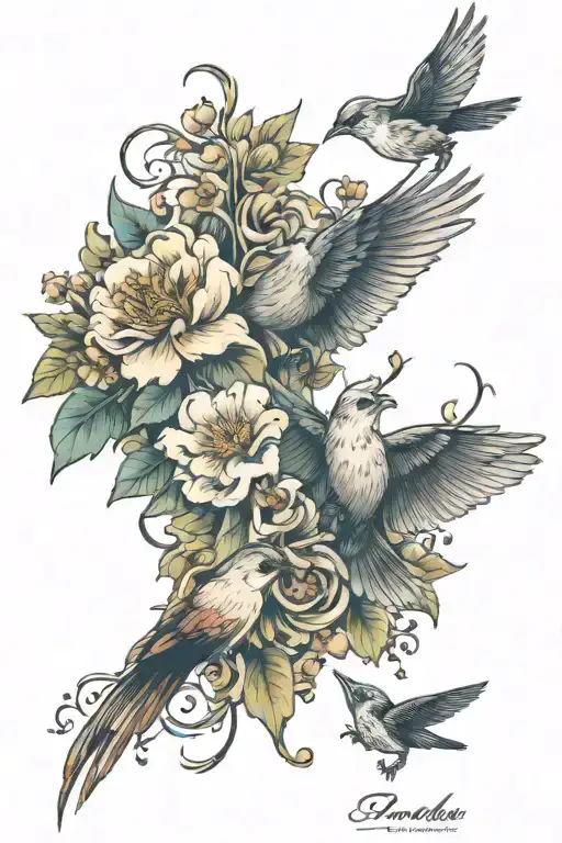Floral And Birds Flying