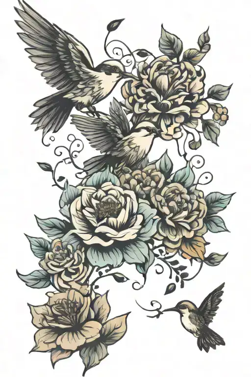 Floral And Birds Flying