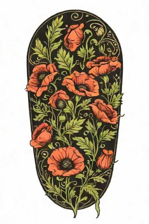 Poppies And Fern Leaves Art Nouveau Style