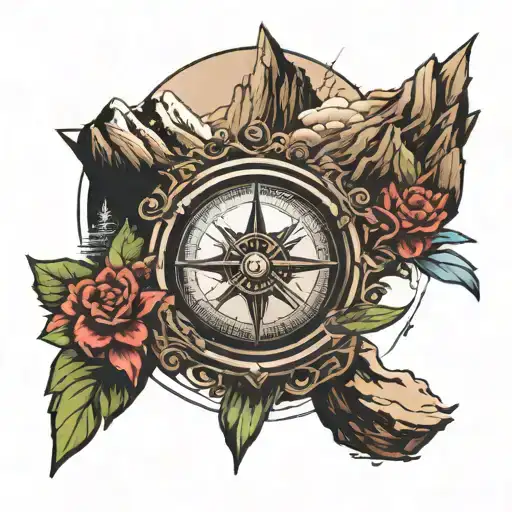 Compass Surrounded By Various Mountains Panorama