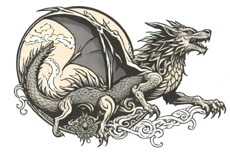 Dragon And Wolf Howling At The Moon Rising