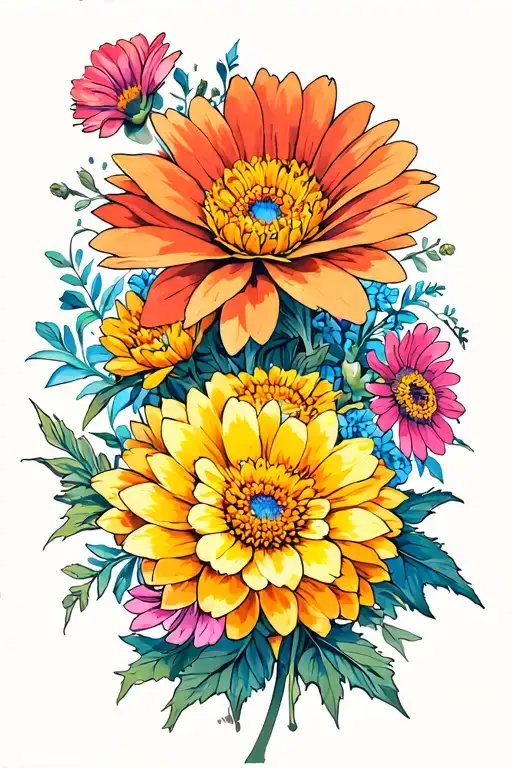Orange And Yellow Chrysanthemums And Pink And Blue Cosmos