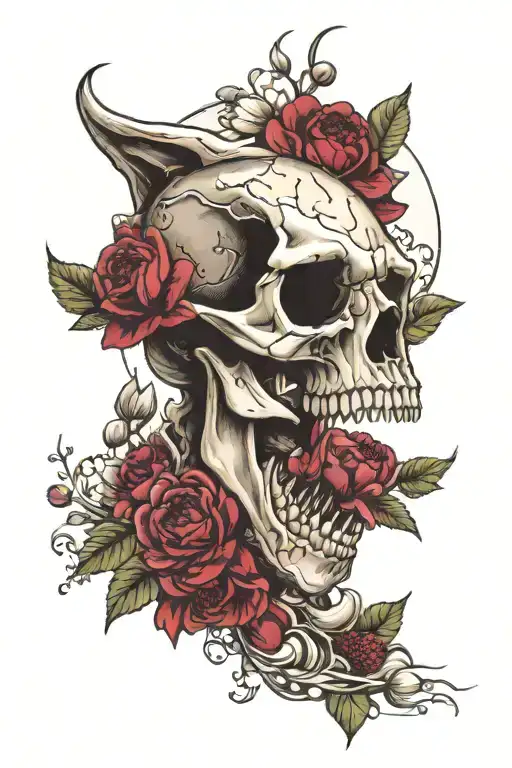 Dinosaur Skull With Peonies Raspberries And The Moon