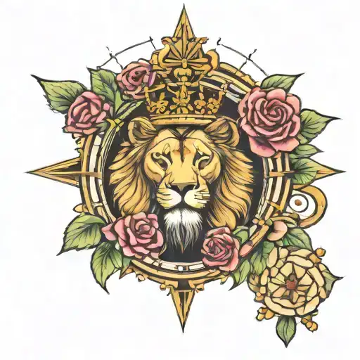 Lion Wearing Crown Of Roses On A Compass