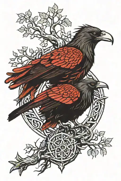 Huginn And Muninn With Yggdrasil Tree