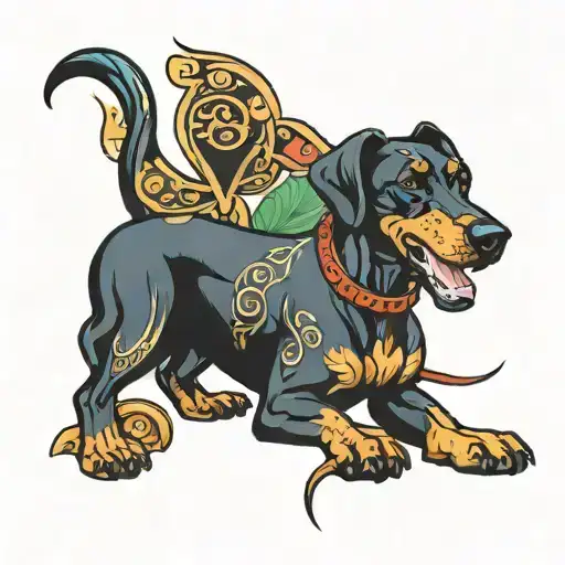 Traditional Doberman Tattoo But A Sausage Dog Wearing