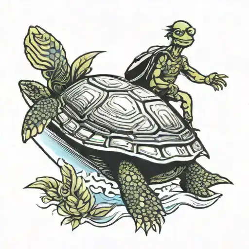 Turtle Ride Bike And Carry Surf Board On Right Side