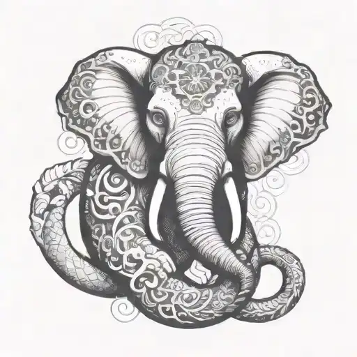 Elephant With Snake Wrapped Around Like A Infinity Sign And Monkey In The Middle