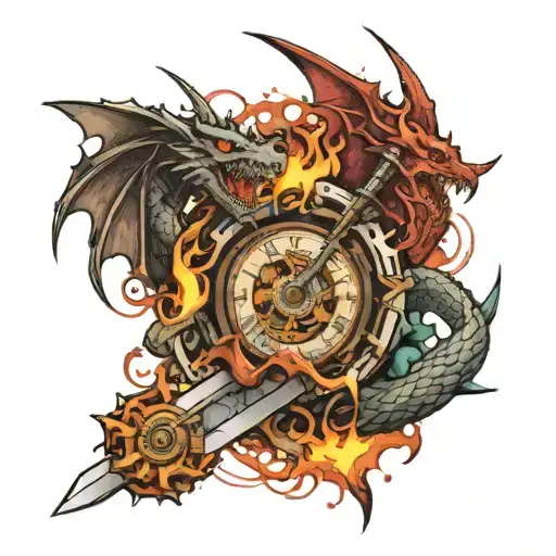 Clocks Exploding With A Sword In It With Dragons Behind Them