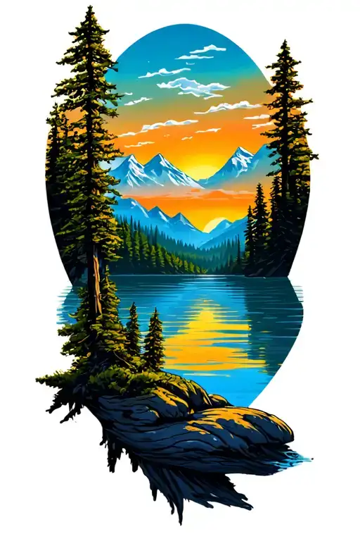 Lake And Mountain Scene With Trees Colors Sunset