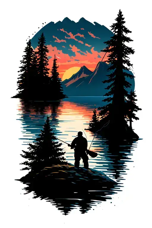 Lake And Mountain Scene With Trees Colors Sunset With Fisherman