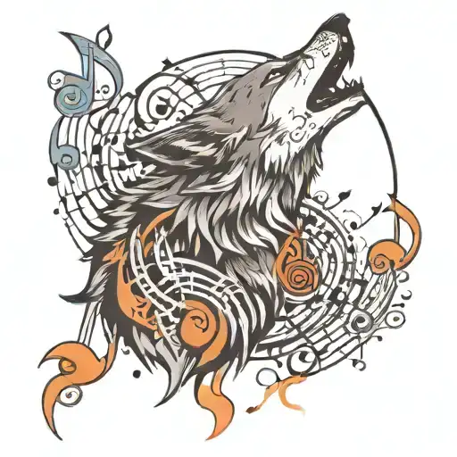 A Wolf Howling At The Moon Surrounded By Musical Notes And Symbols