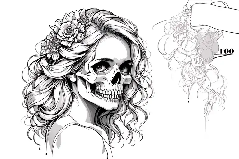 Create A Tattoo Design Simple Linework Only Of A Sexy Woman With A Skull Face
