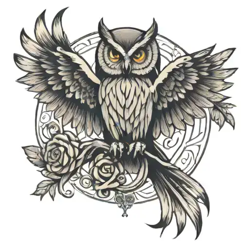 A Tattoo On My Forearm Containing An Owl With Open Wings And Around The Owl And Forearm