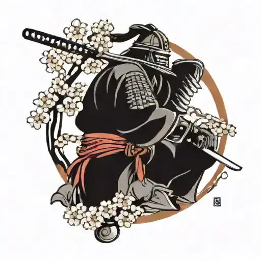Samurai Warrior Welding A Sword Under S Cherry Blossoms