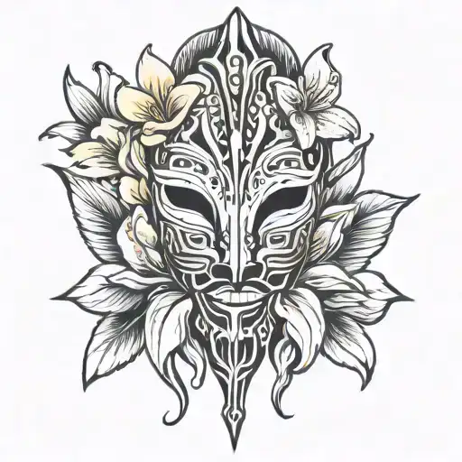 African Mask With Alstromeria Flowers Intertwined
