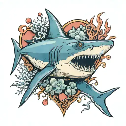 A Neotraditional Tattoo Of A Shark Swimming Through A Heart-shaped Coral Reef