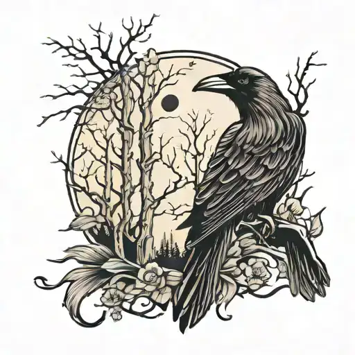 Wold And A Raven In Forest