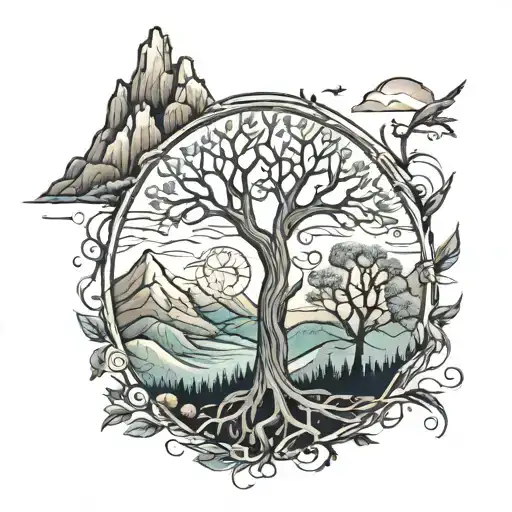 Tree Of Life And Mountains Across
