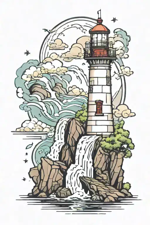 Lighthouse And Waterfall Cascading